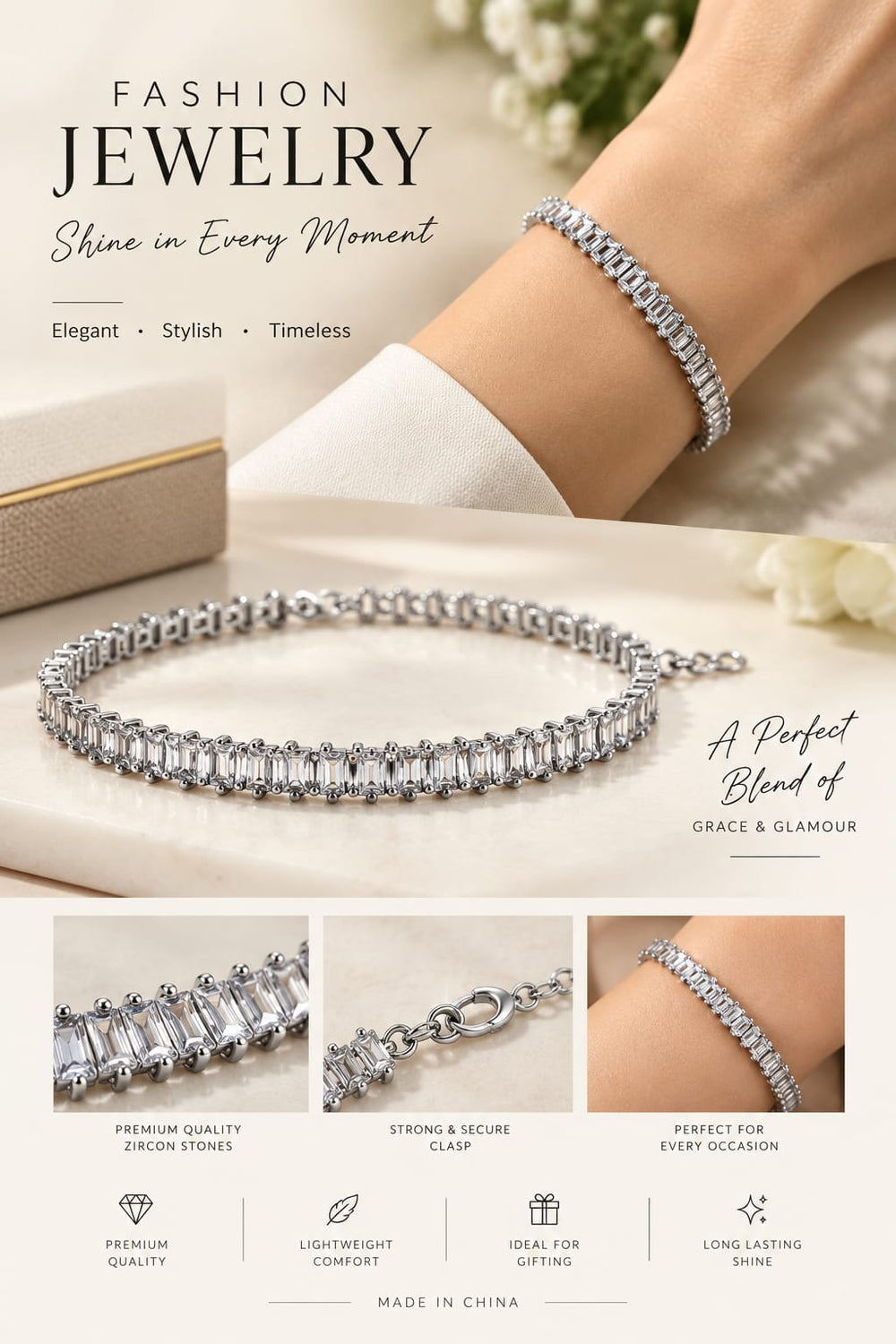 ✨ Premium Zircon Crystal Silver Bracelet – Elegant & Timeless